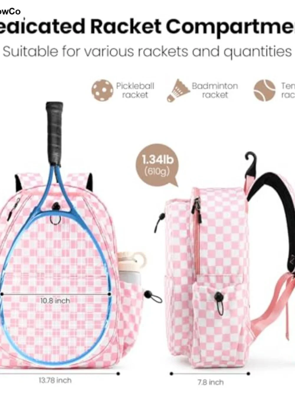 Tennis & Pickleball Backpack for Women with Racket Compartment, Polyester